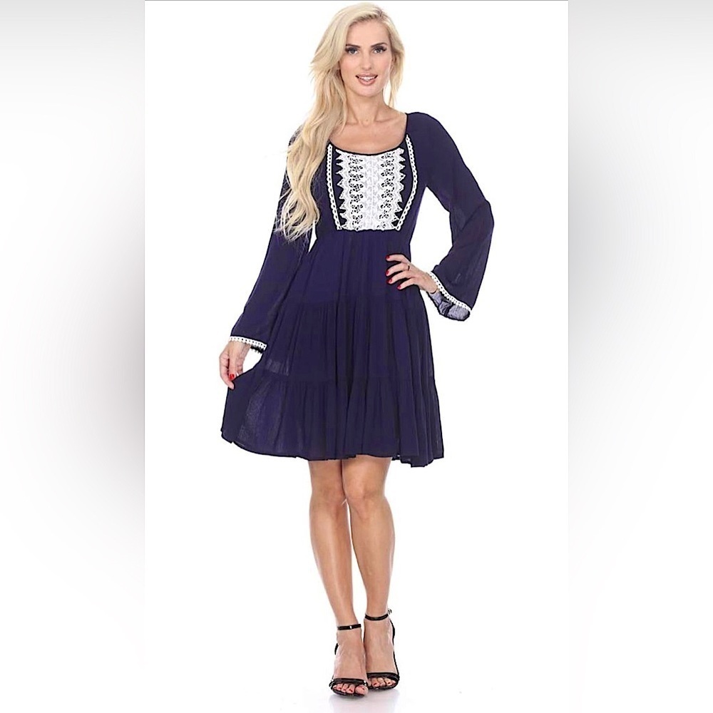White Mark Navy Blue Anama Mini Dress with White Lace Trim Milkmaid Pin Up Girl